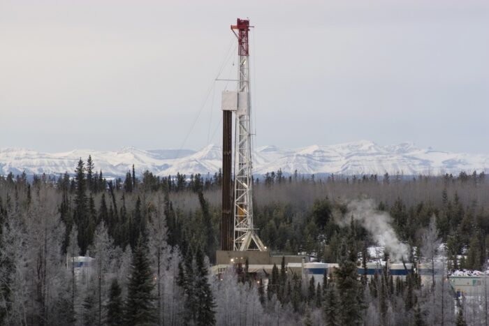 A drilling rig in the Alberta foothills.